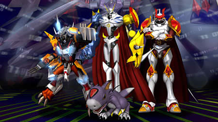 War Greymon X, Omegamon, Dukemon, and DORUmon.